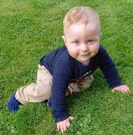 Das Foto zeigt ein männliches Baby, das auf einer Wiese krabbelt. Das Foto zeigt ein männliches Baby, das auf einer Wiese krabbelt.
