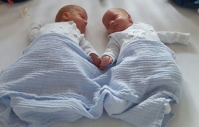 Das Bild zeigt zwei männliche Zwilligsbabys.