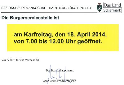 Öffnungszeiten der Bürgerservicestelle am Karfreitag