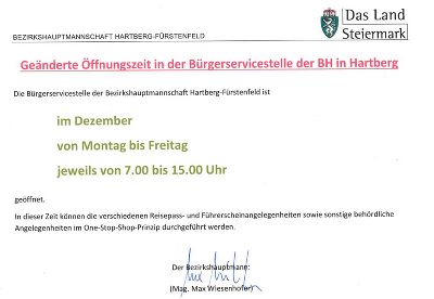 Öffnungszeiten Dezember - Bürgerservicestelle in Hartberg