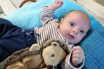 Das Bild zeigt ein männliches Baby mit einem Stofftier, das aufgeweckt in die Kamera schaut. 
