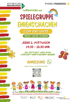 Poster der Spielgruppe Ehrenschachen, Termine jeden 2. Mittwoch von 14:00 Uhr bis 16:30 werden angegeben. QR-Code