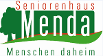 Ein Logo mit grünem Baum und grüner Fläche auf die in Weiß Menda Geschrieben staht. Darunter steht Menschen daheim.